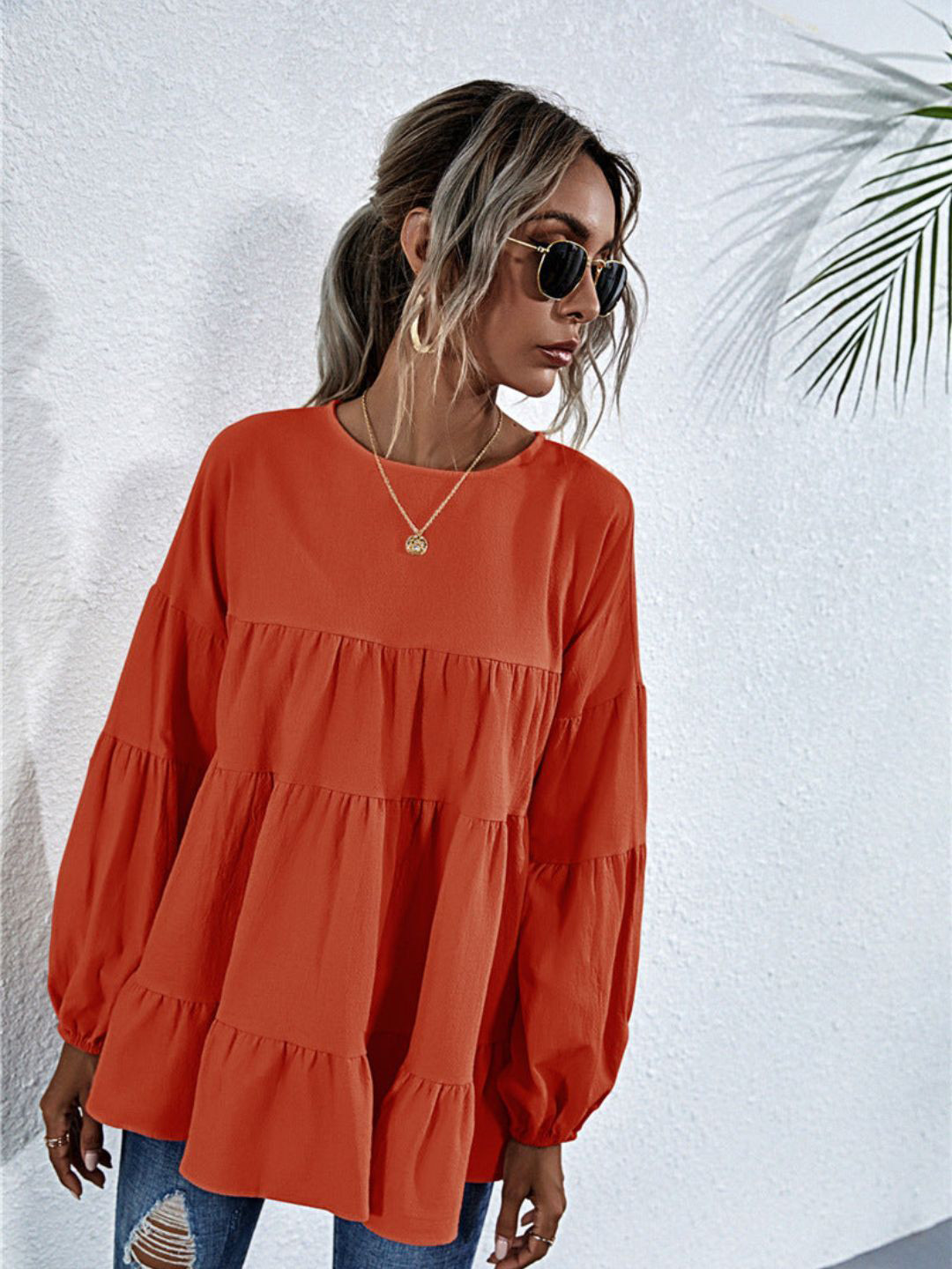 

4WRD by Dressberry Solid Tiered Round Neck Puff Sleeve Top, Orange