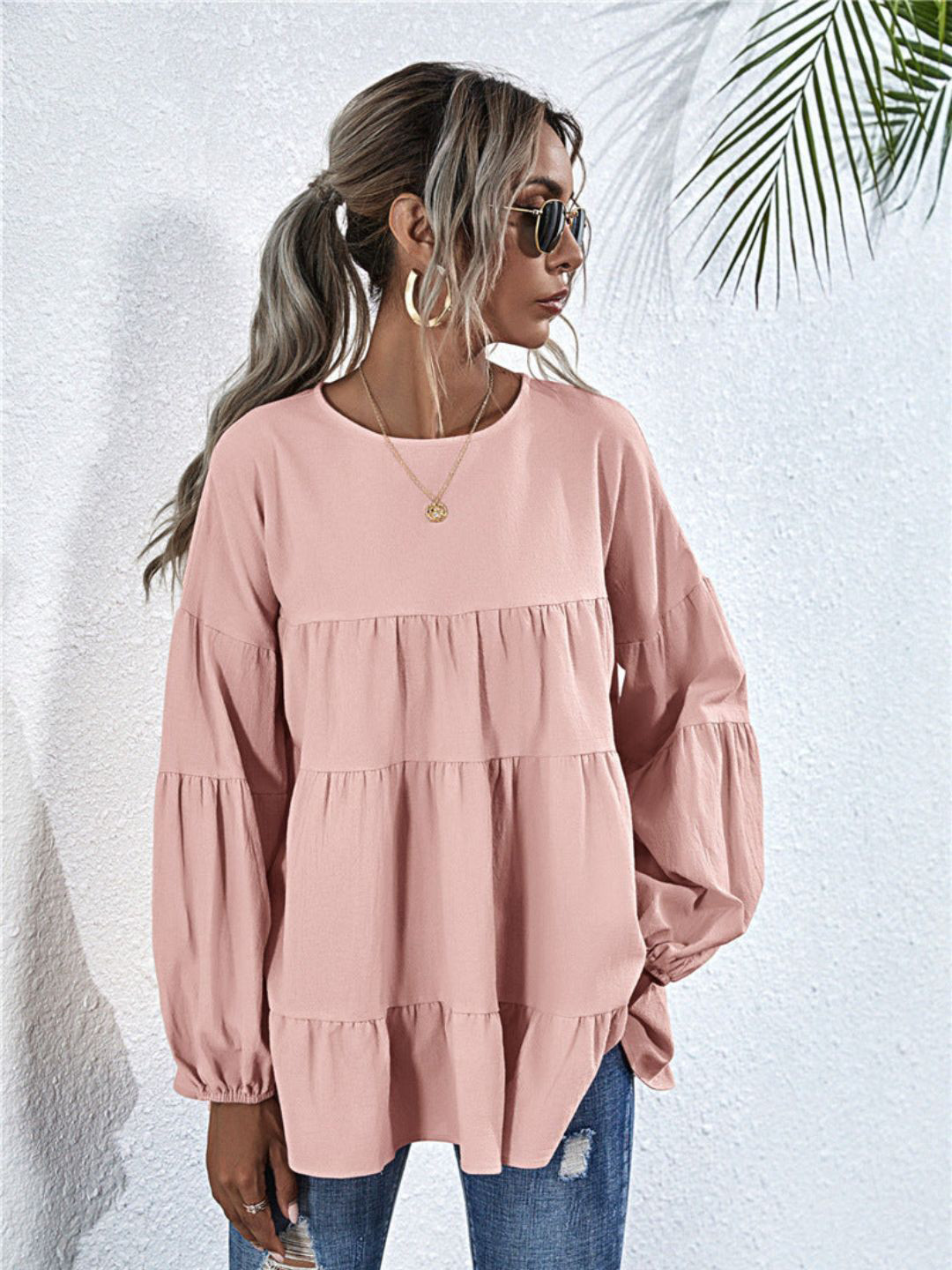

4WRD by Dressberry Solid Tiered Round Neck Puff Sleeve Top, Pink