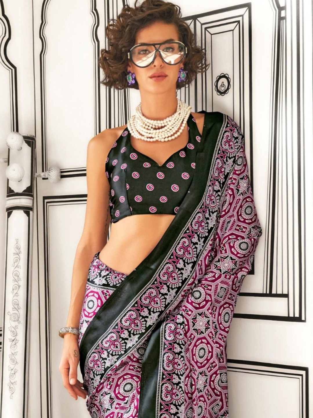 

MySilkLove Ajrak Block Satin Saree, Purple