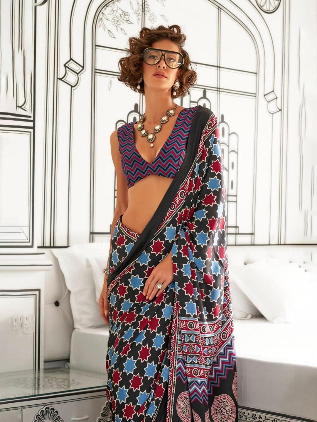 

MySilkLove Ajrak Block Satin Saree, Black