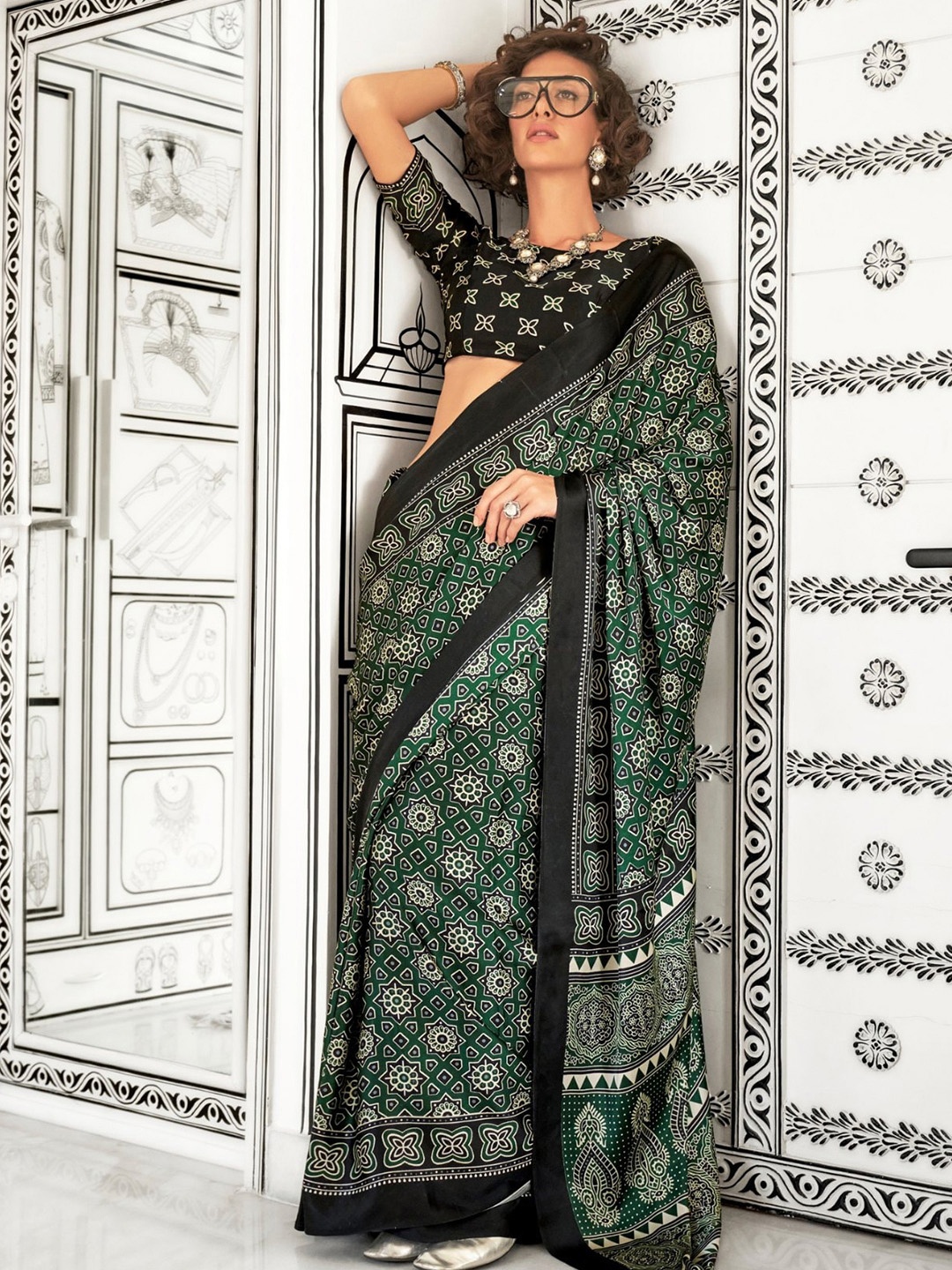 

MySilkLove Ajrak Block Satin Saree, Green