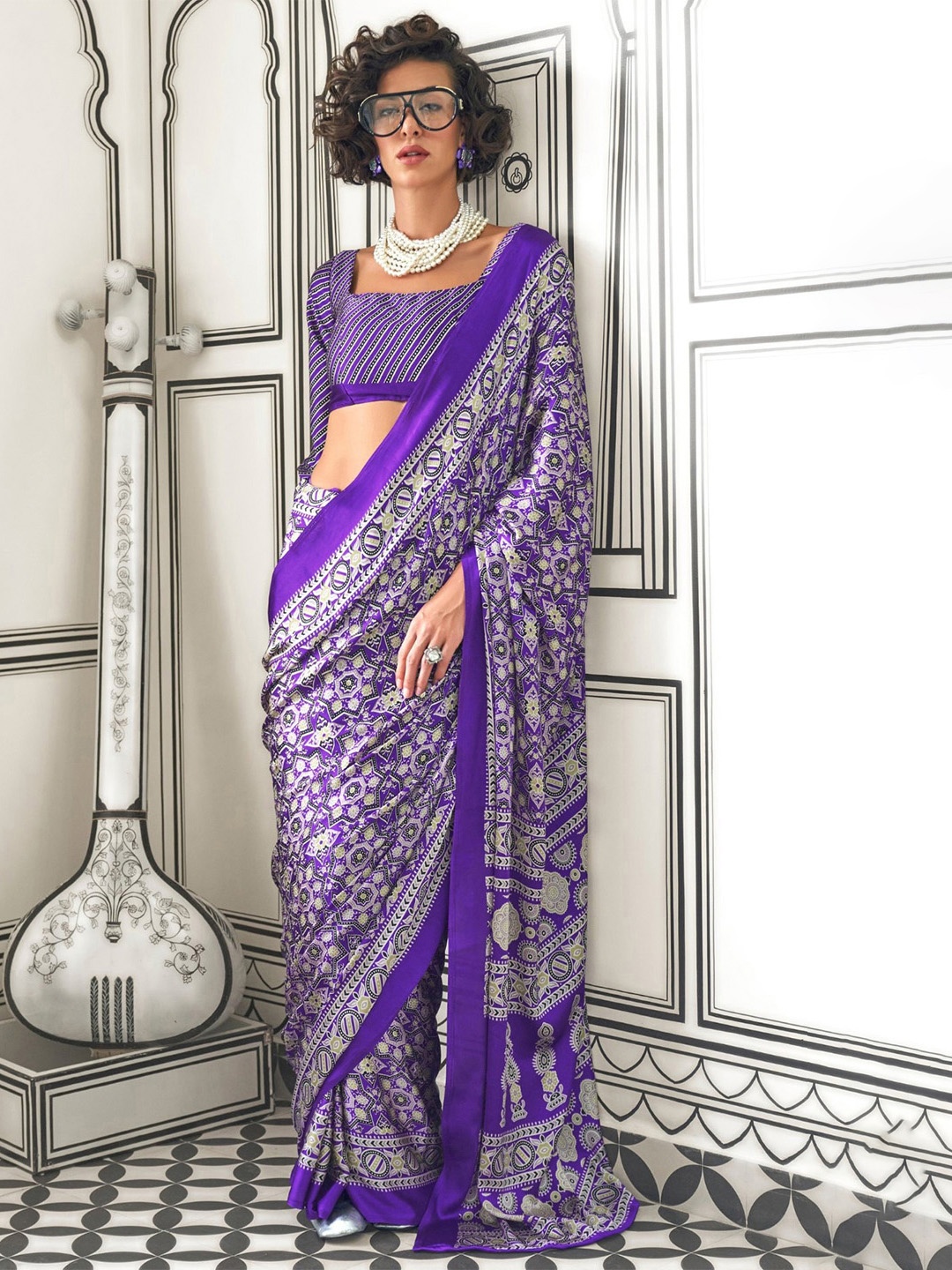 

MySilkLove Ajrak Block Satin Saree, Purple