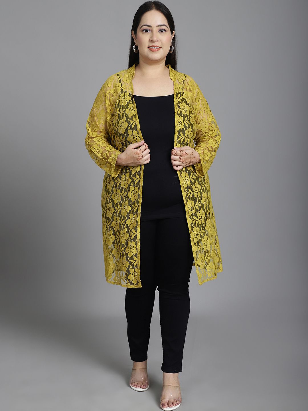 

urSense Plus Size Self Design Mandarin Collar Sheer Longline Open Front Shrug, Yellow