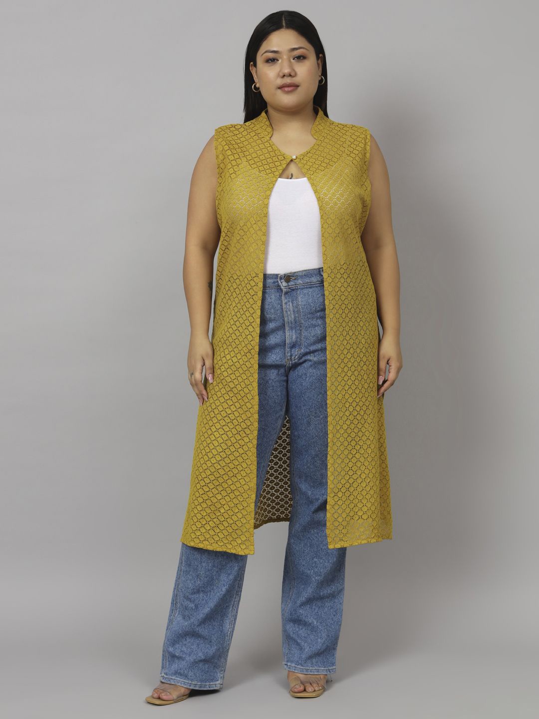 

urSense Plus Size Self Design Mandarin Collar Sheer Cotton Longline Shrug, Yellow