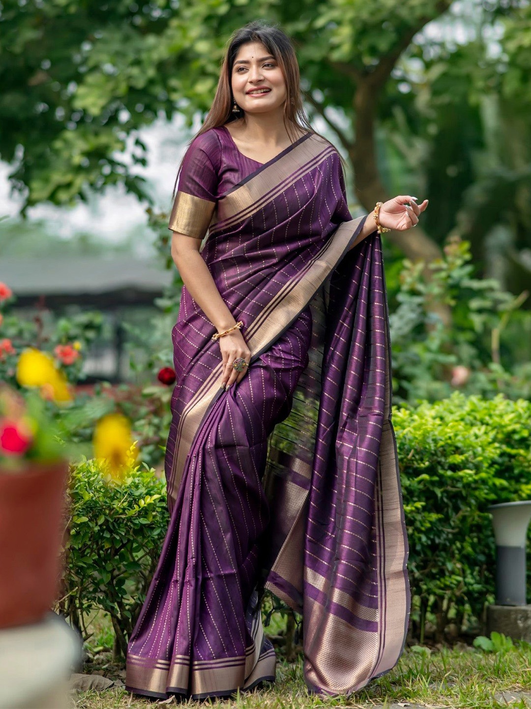 

MySilkLove Striped Zari Saree, Purple