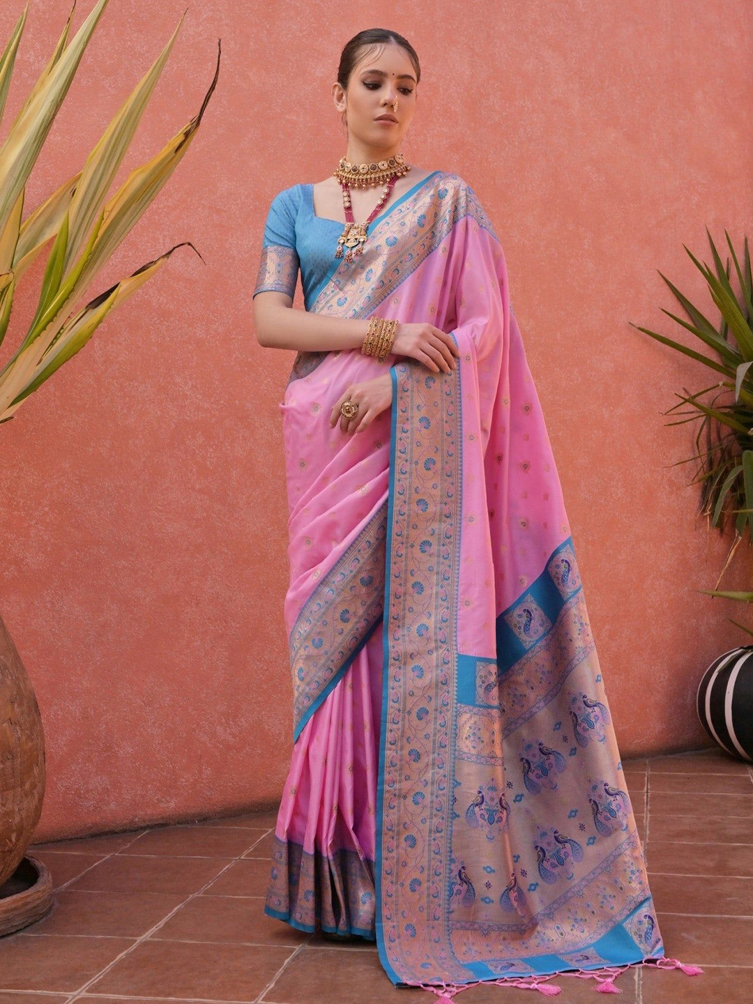 

MySilkLove Woven Design Zari Paithani Saree, Pink