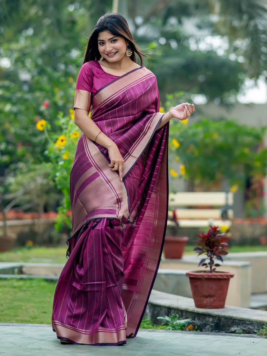 

MySilkLove Striped Zari Saree, Purple