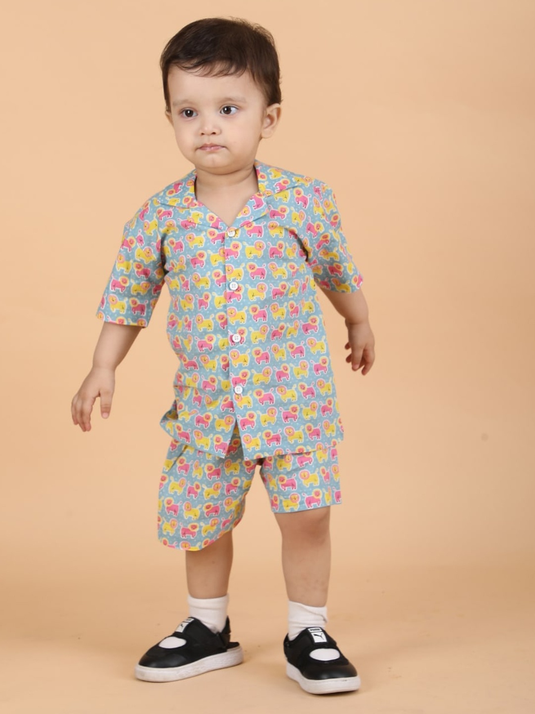 

Polka Tots Kids Printed Pure Cotton Shirt with Shorts, Blue
