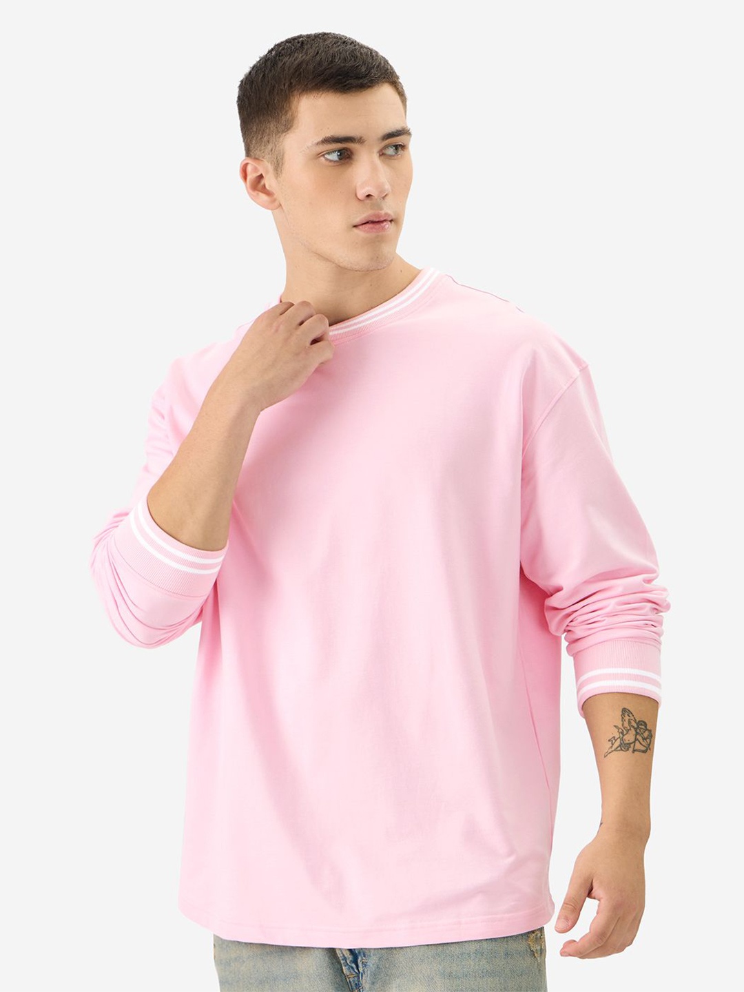 

The Souled Store Men Round Neck Solid Oversized Pure Cotton T-shirt, Pink