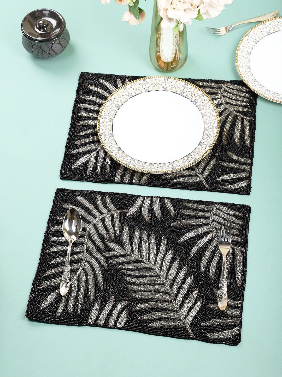 

AIVIK Cream & Black 2 Pieces Beaded Table Placemats
