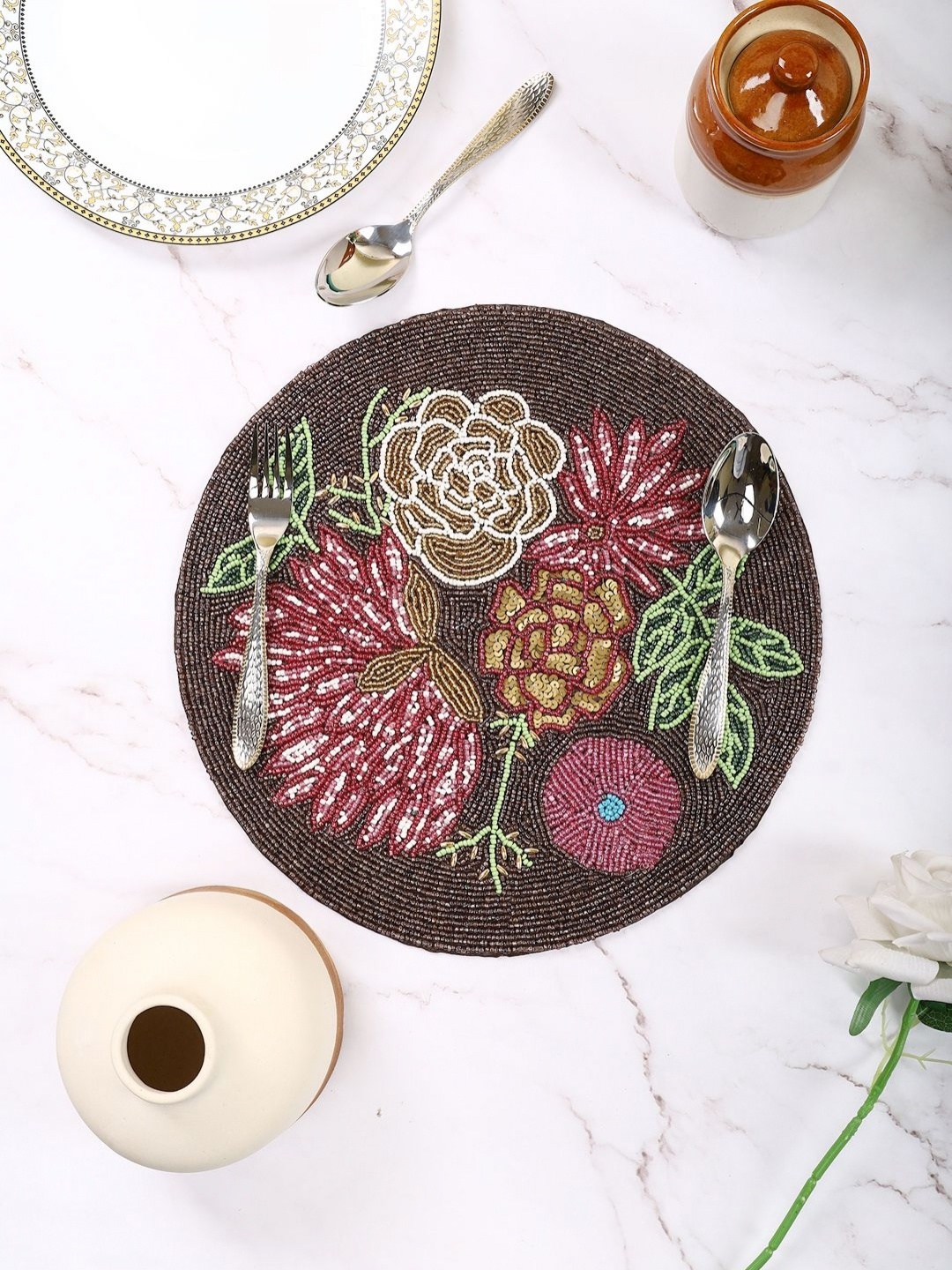 

AIVIK Brown & Pink Floral Embellished Beaded Floral Table Placemat