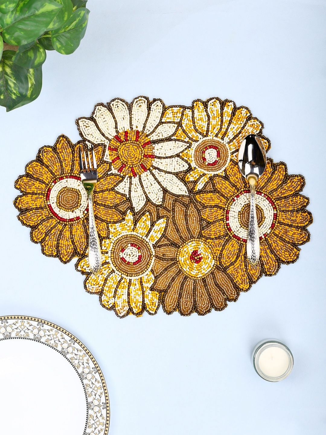 

AIVIK Yellow & Brown Floral Embellished Table Placemat