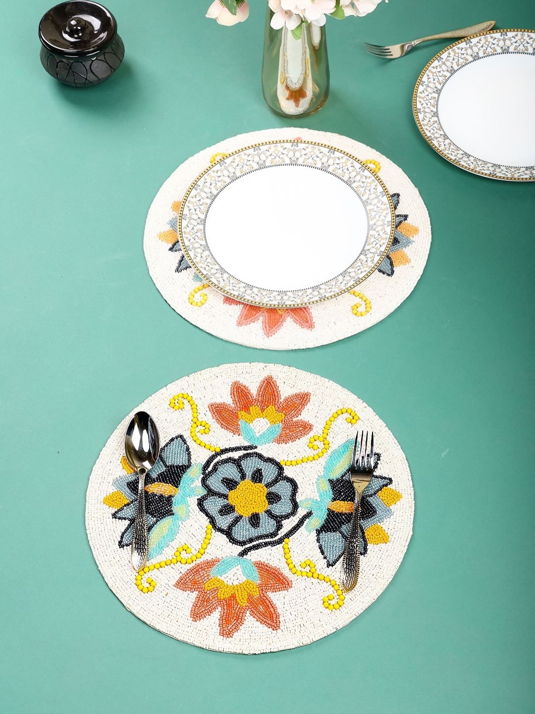 

AIVIK White & Orange Coloured 2 Pieces Floral Beaded Embellished Round Table Placemats