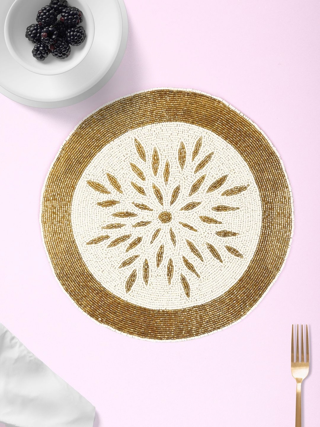

AIVIK White & Yellow Floral Beaded Embellished Round Table Placemats