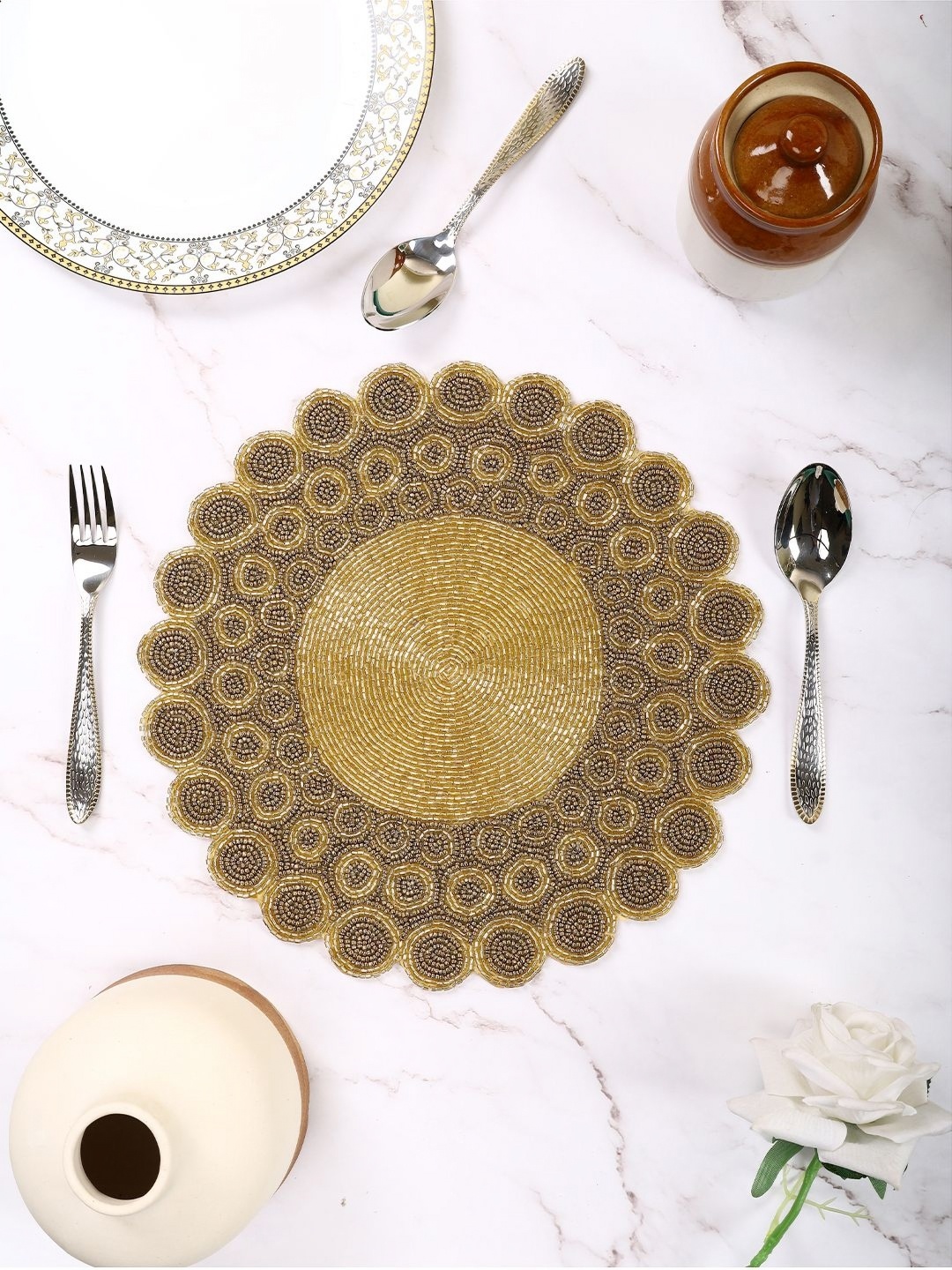 

AIVIK Brown & Yellow Floral Embellished Beaded Floral Table Placemat