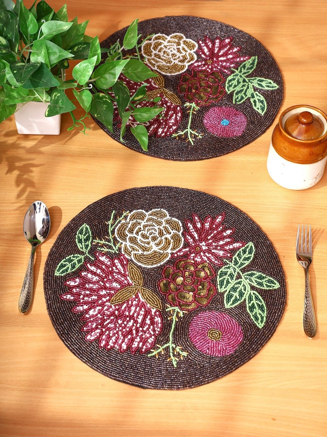 

AIVIK Brown & Pink 2 Pieces Floral Embellished Floral Table Placemats