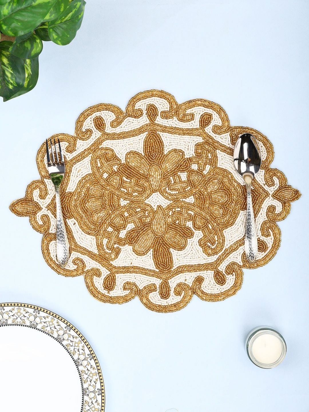 

AIVIK White & Yellow Floral Embellished Oval Table Placemats