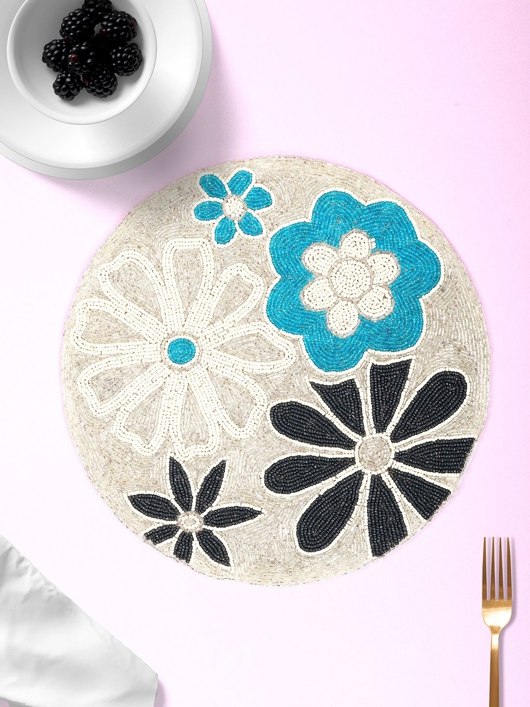 

AIVIK Black & Blue Floral Embellished Beaded Table Placemat