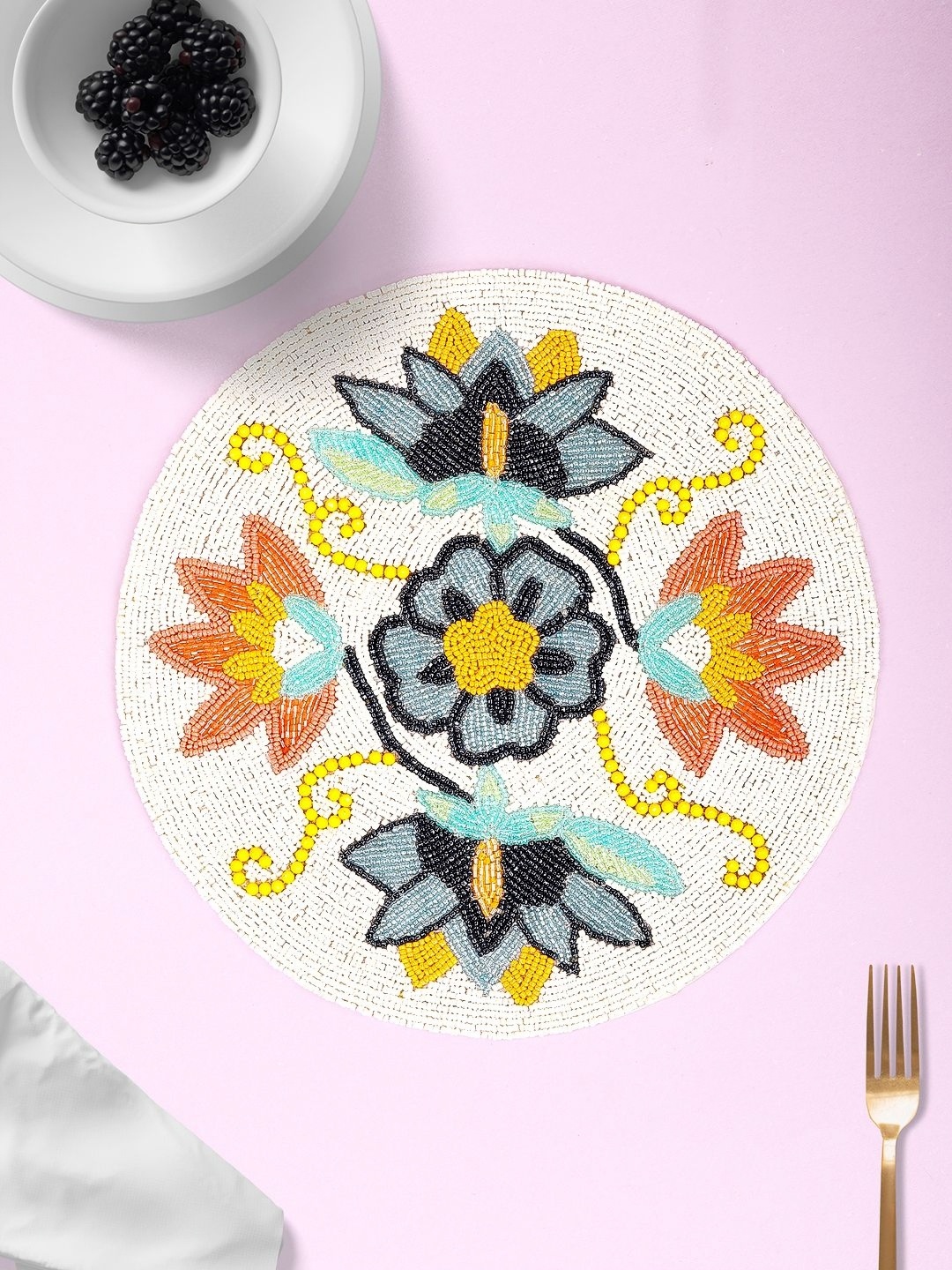 

AIVIK White & Grey Beaded Floral Embellished Table Placemats