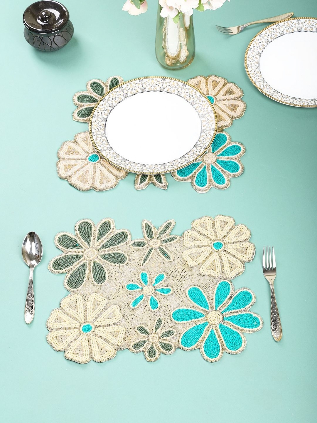 

AIVIK Cream Coloured & Blue 2 Pieces Floral Embellished Beaded Table Placemats