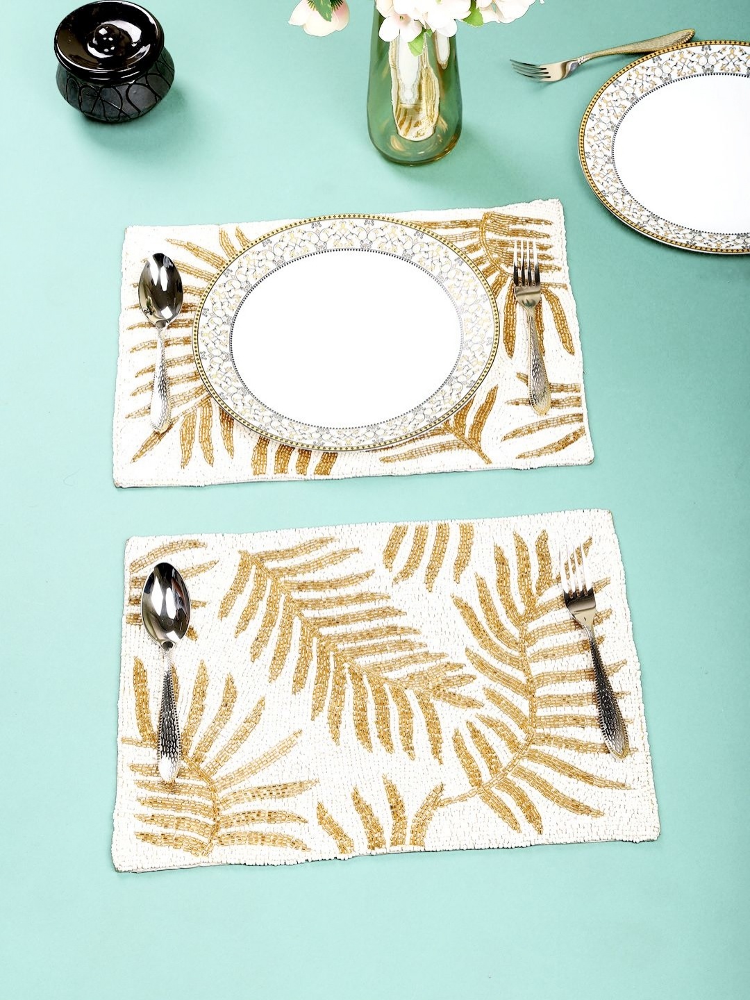 

AIVIK White & Yellow 2 Pieces Floral Beaded Embellished Rectangle Table Placemats