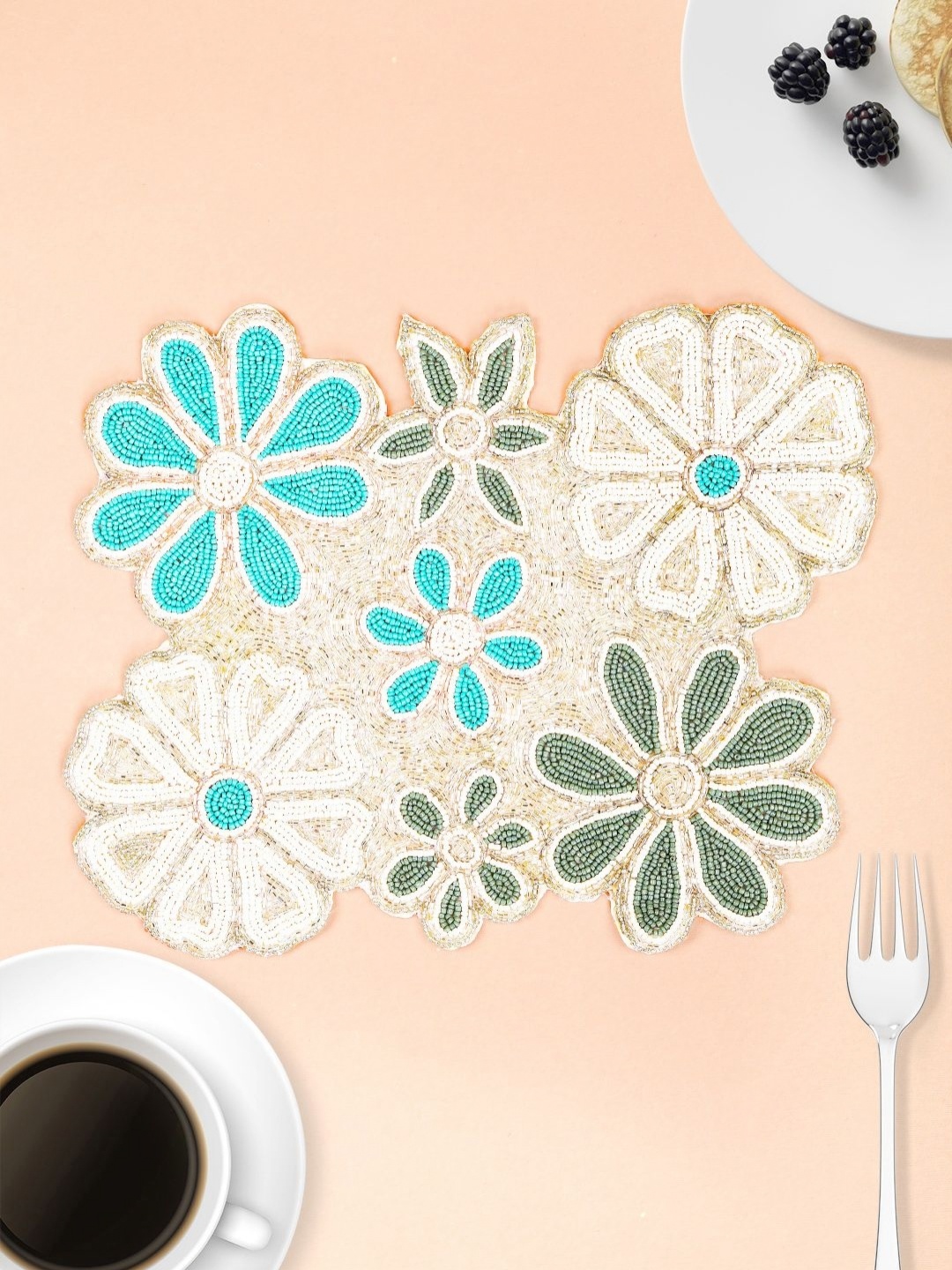 

AIVIK White & Blue Floral Beaded Table Placemats