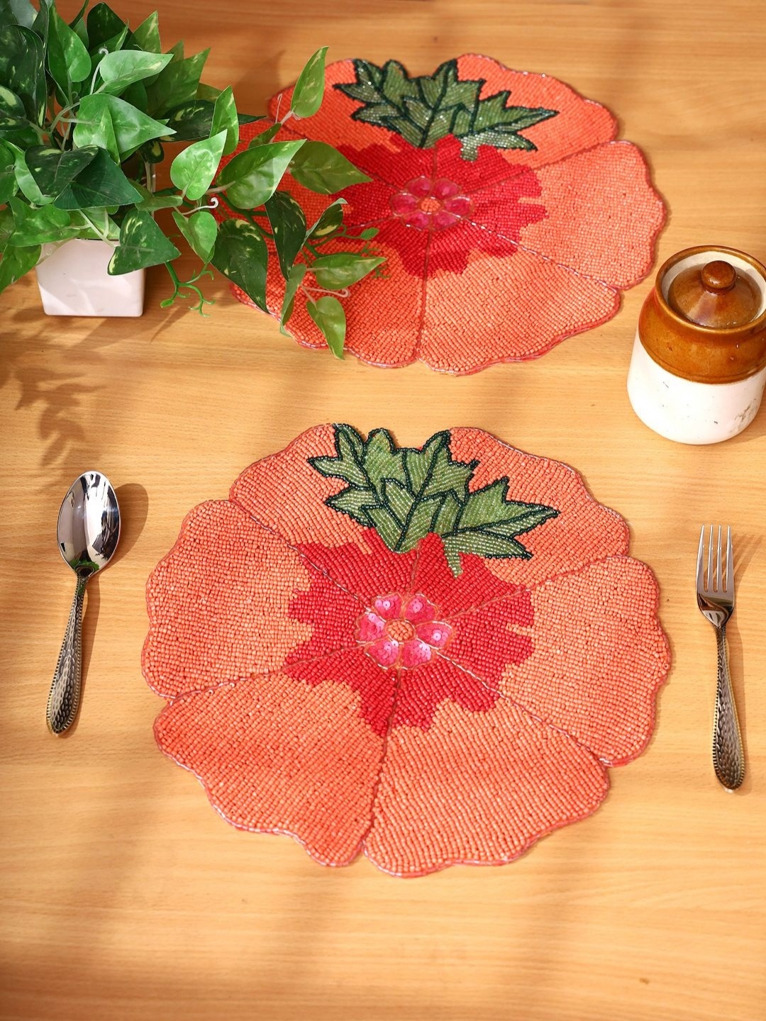 

AIVIK Peach-Colored & Red 2 Pieces Floral Beaded Embellished Round Table Placemats
