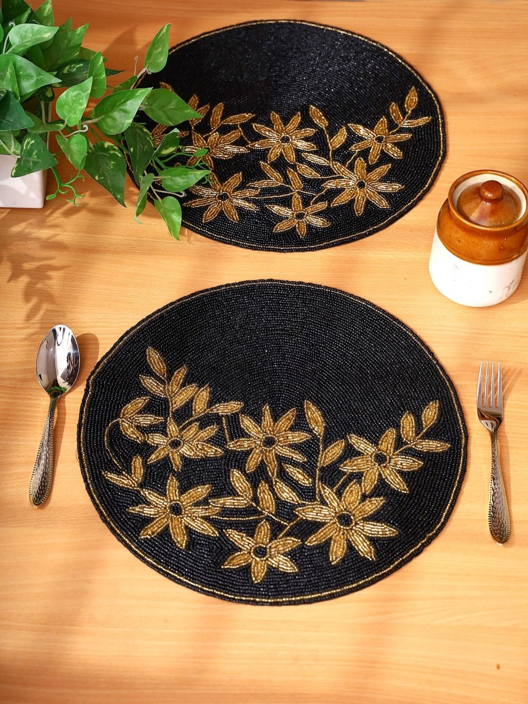 

AIVIK Black & Brown 2 Pieces Round Beaded Table Placemats