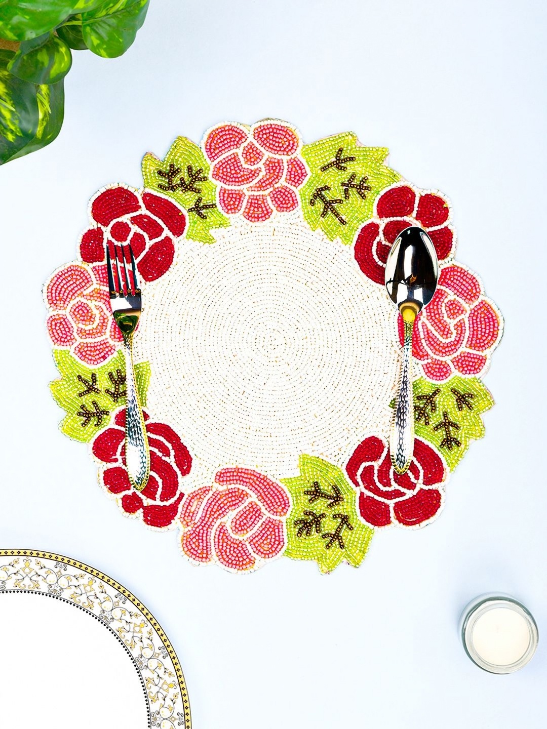 

AIVIK White & Green Floral Beaded Embellished Round Table Placemats