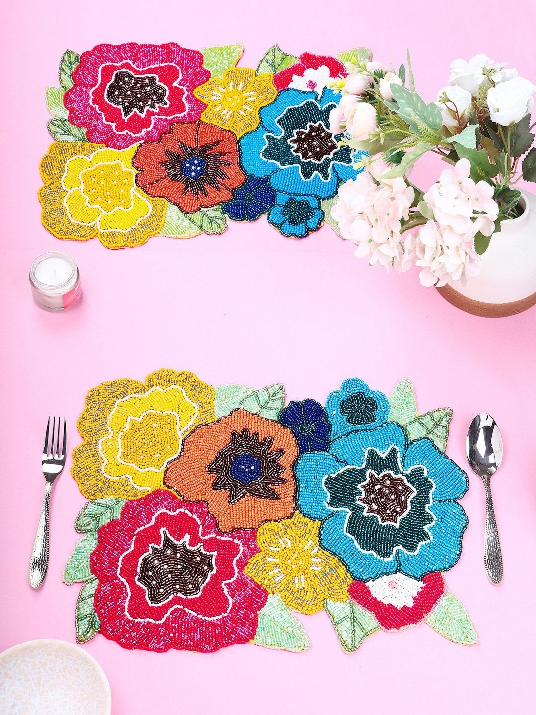 

AIVIK Red & Blue 2 Pieces Floral Embellished Beaded Table Placemats