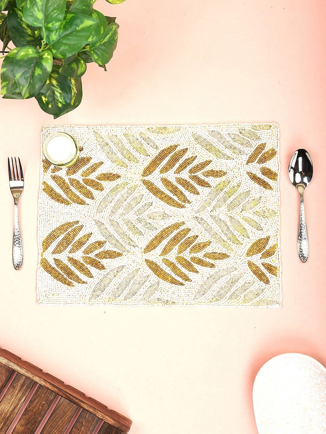 

AIVIK Cream Colored & Brown 2 Pieces Ethnic Motifs Embellished Beaded Table Placemats