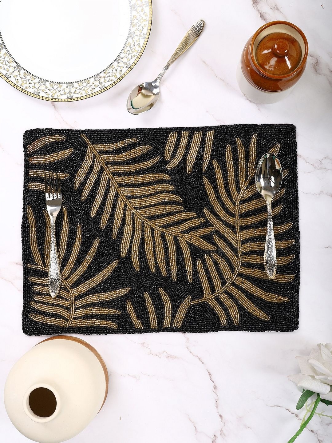 

AIVIK Black Floral Beaded Embellished Rectangle Table Placemats
