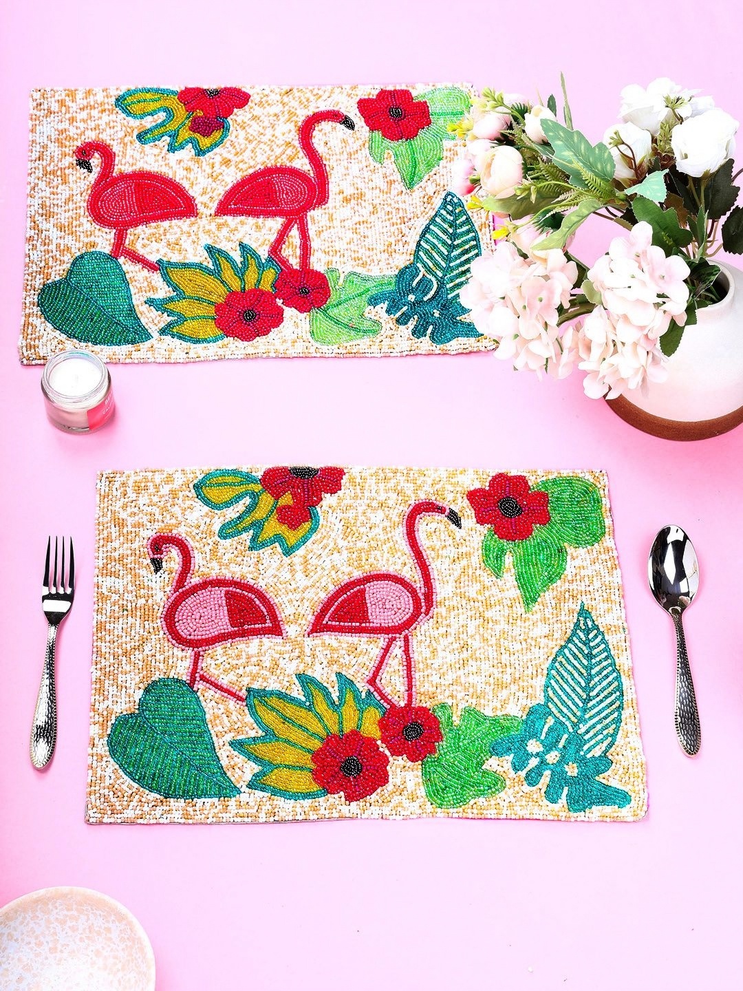 

AIVIK Cream Coloured & Red 2 Pieces Floral Beaded Embellished Rectangle Table Placemats