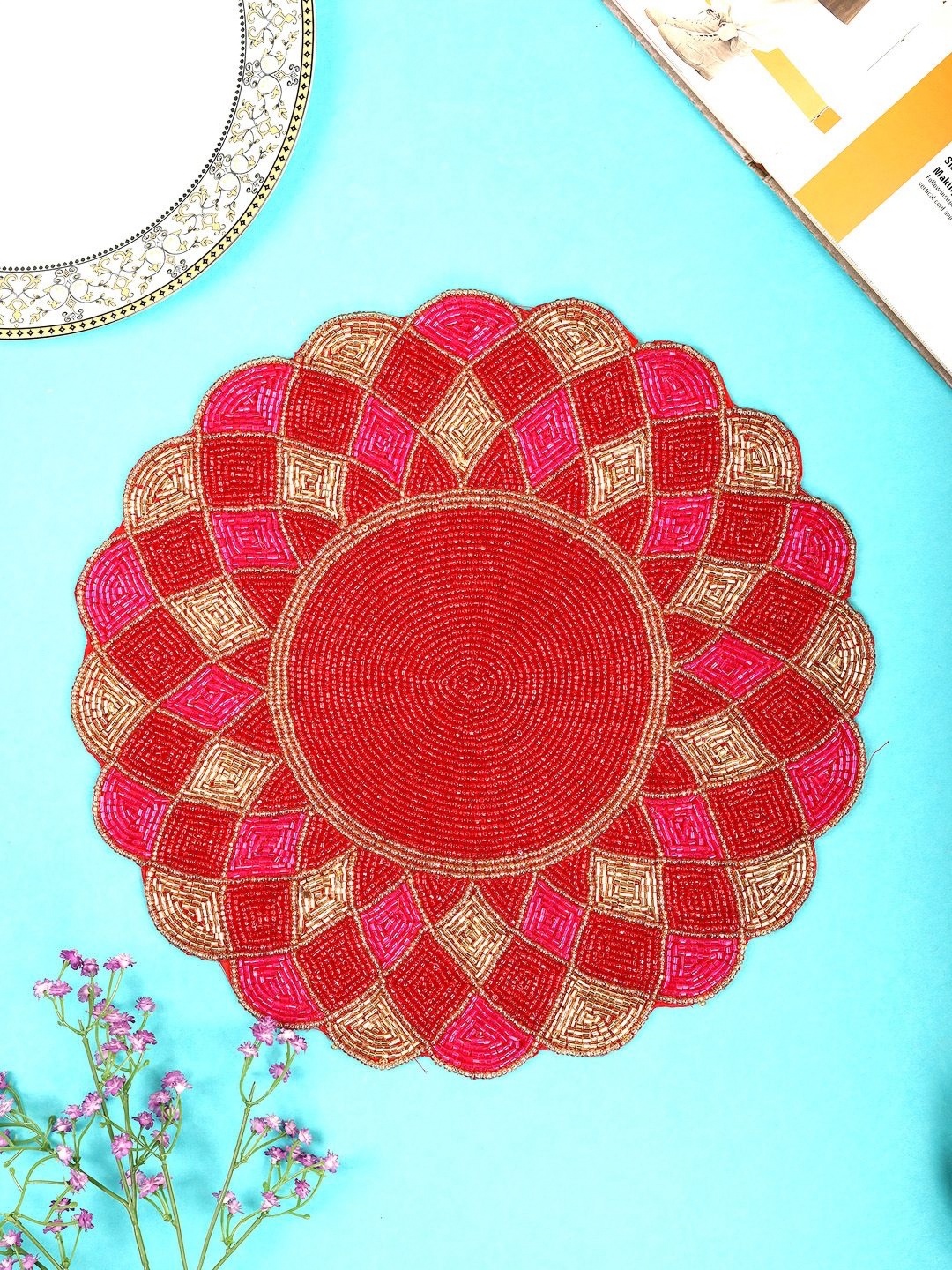 

AIVIK Cream Colored & Red Floral Embellished Beaded Table Placemat