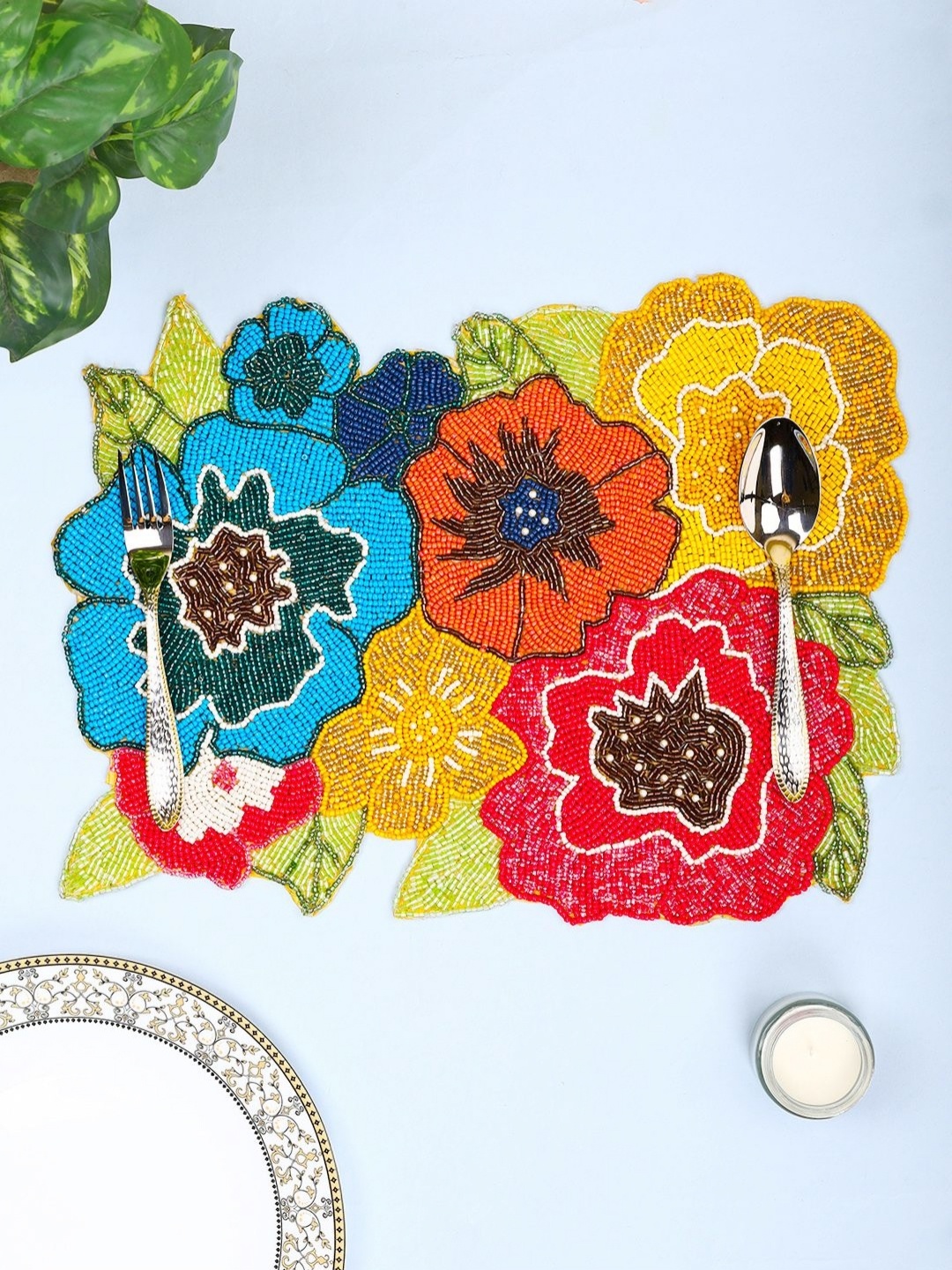 

AIVIK Red & Blue Floral Beaded Embellished Rectangle Table Placemats