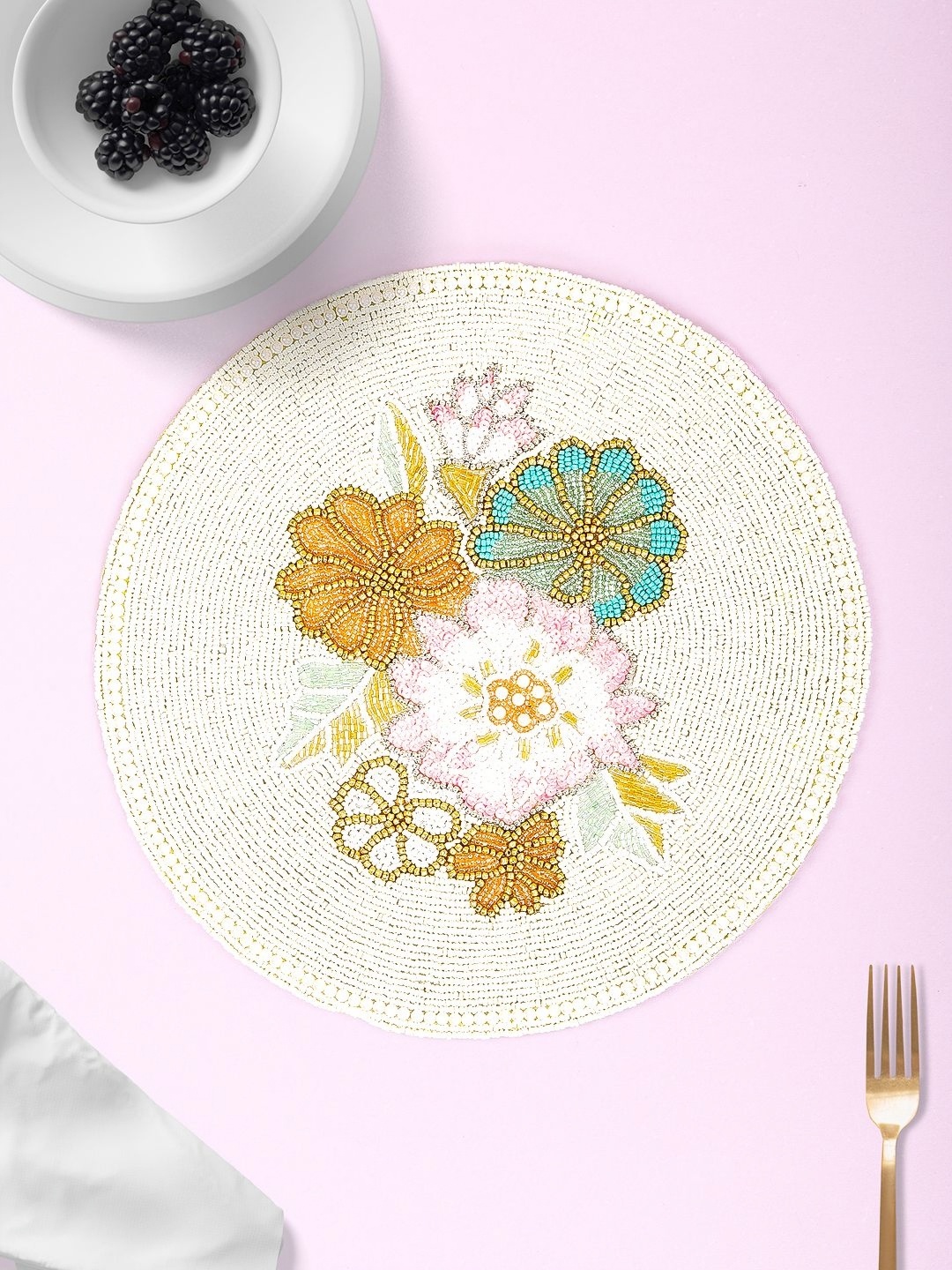 

AIVIK White & Blue Floral Beaded Embellished Round Table Placemats