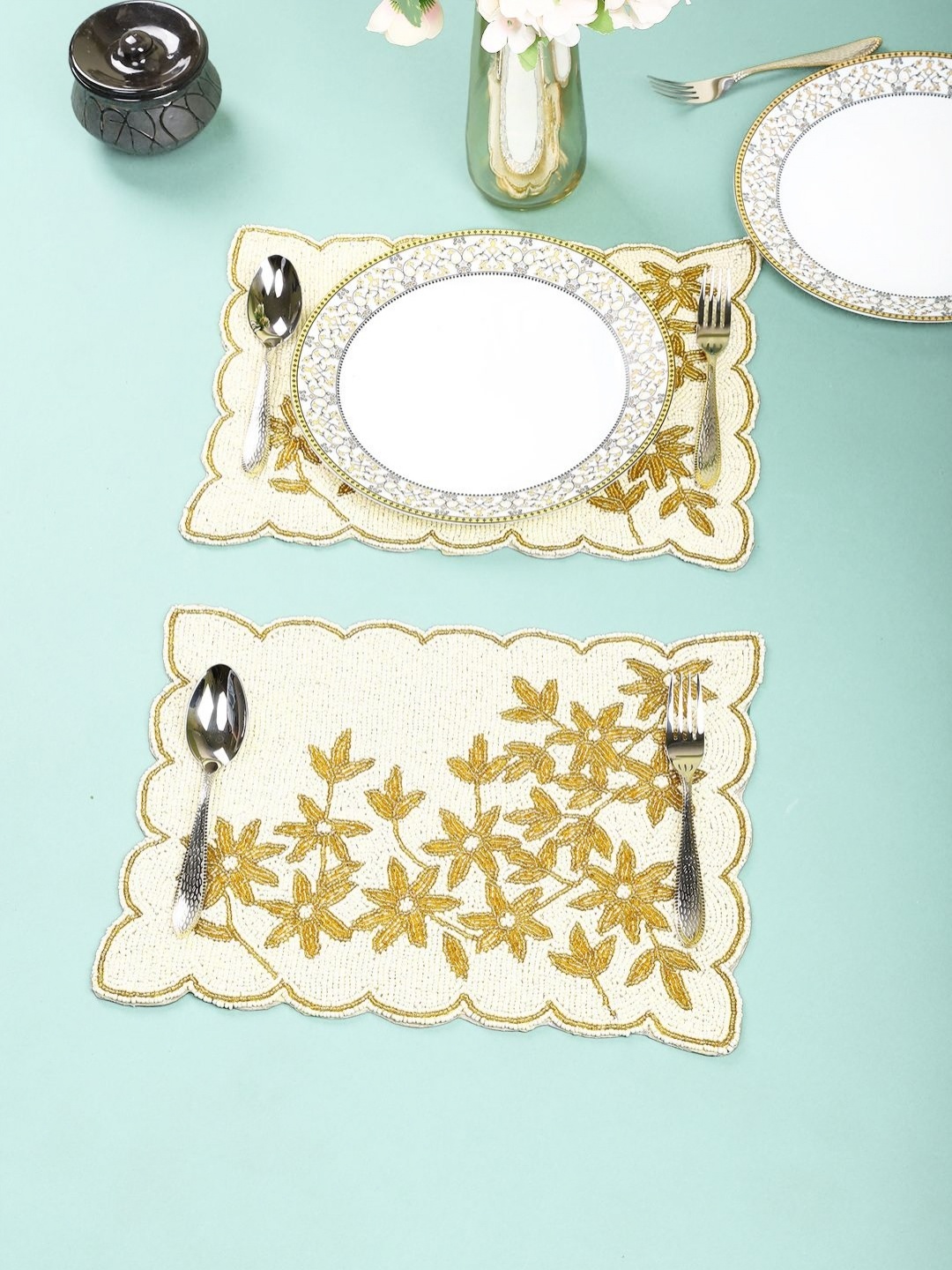 

AIVIK White & Green 2 Pieces Floral Embellished Beaded Table Placemats