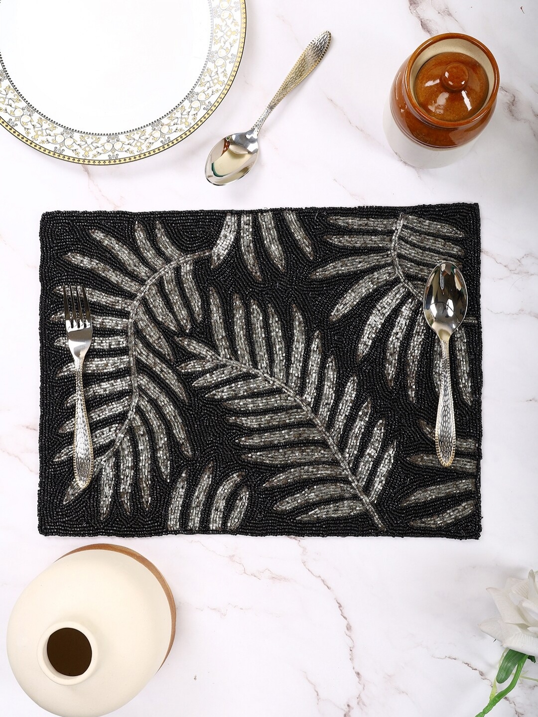 

AIVIK Black & Silver Toned Ethnic Motifs Embellished Beaded Table Placemat