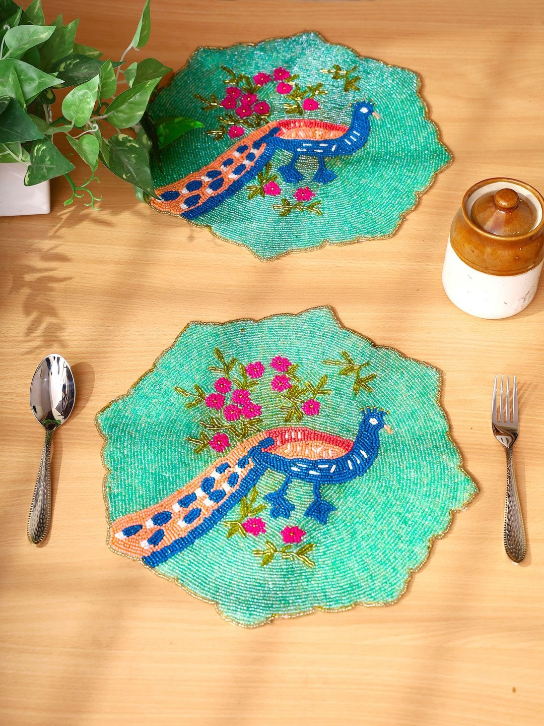 

AIVIK Green & Blue 2 Pieces Peacock Design Embroidered Beaded Table Placemats
