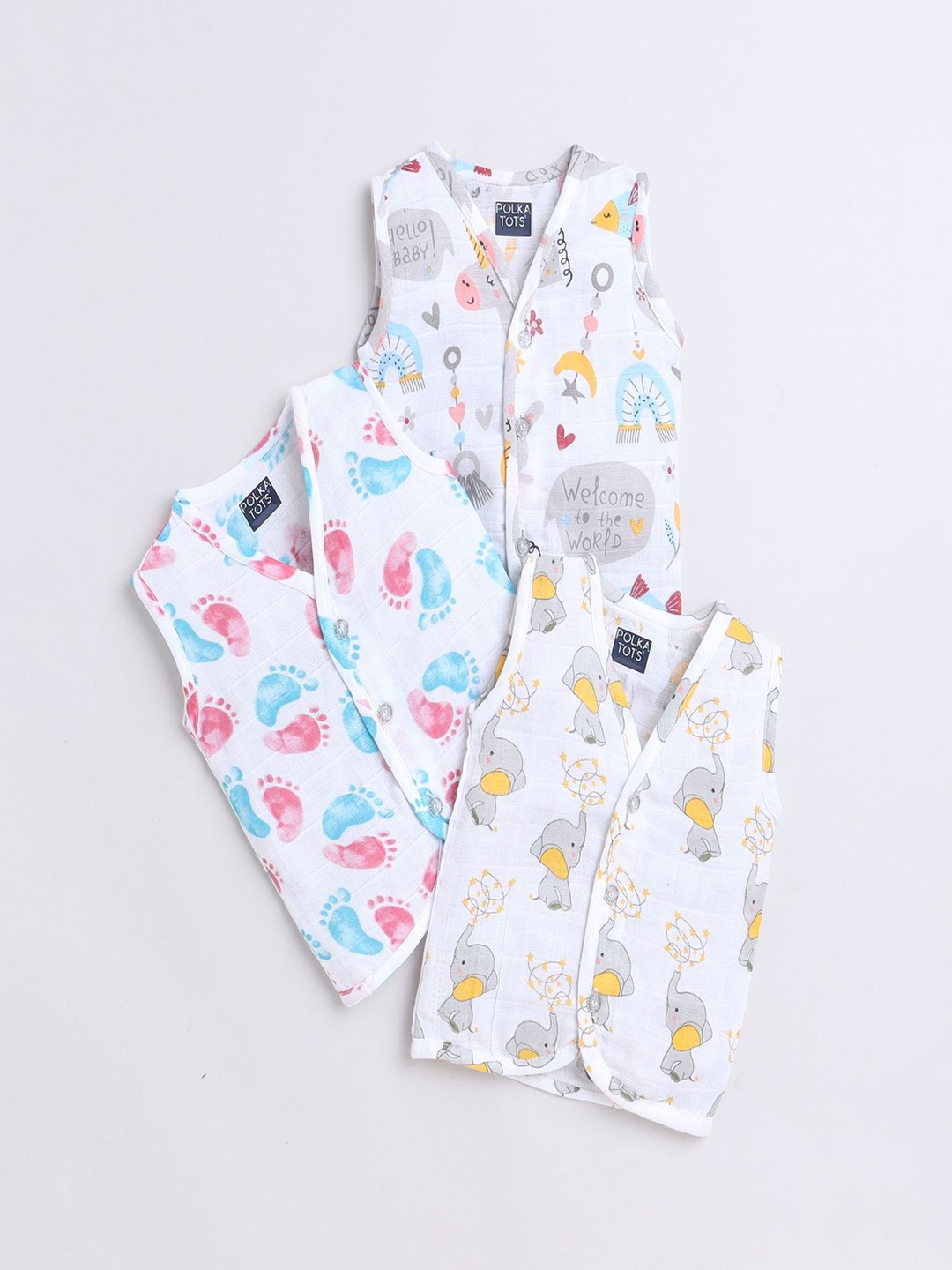 

Polka Tots Kids Pack of 3 Printed Cotton Jhabla Innerwear Vests, White