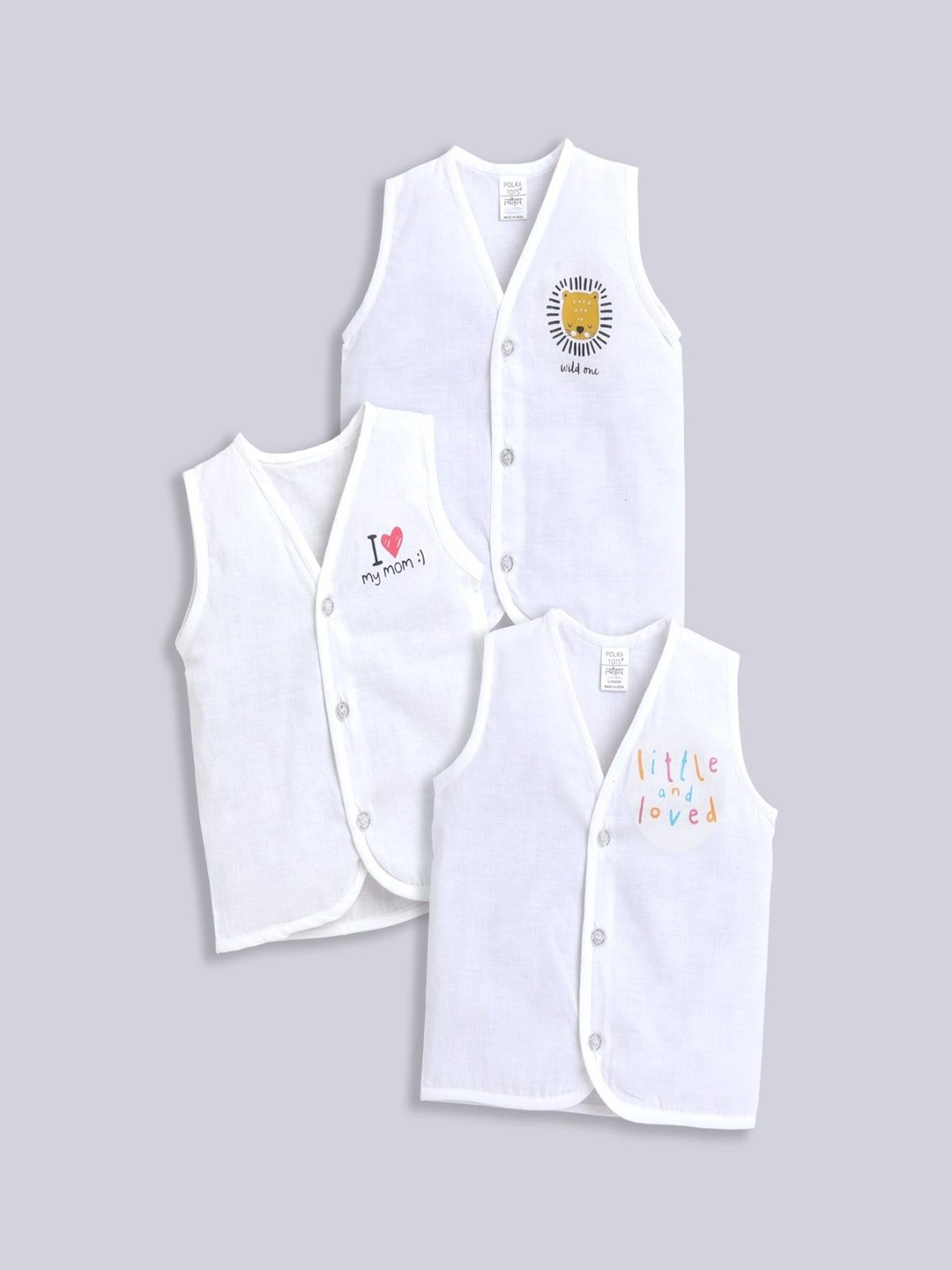 

Polka Tots Kids Pack of 3 Printed Cotton Jhabla Innerwear Vests, White