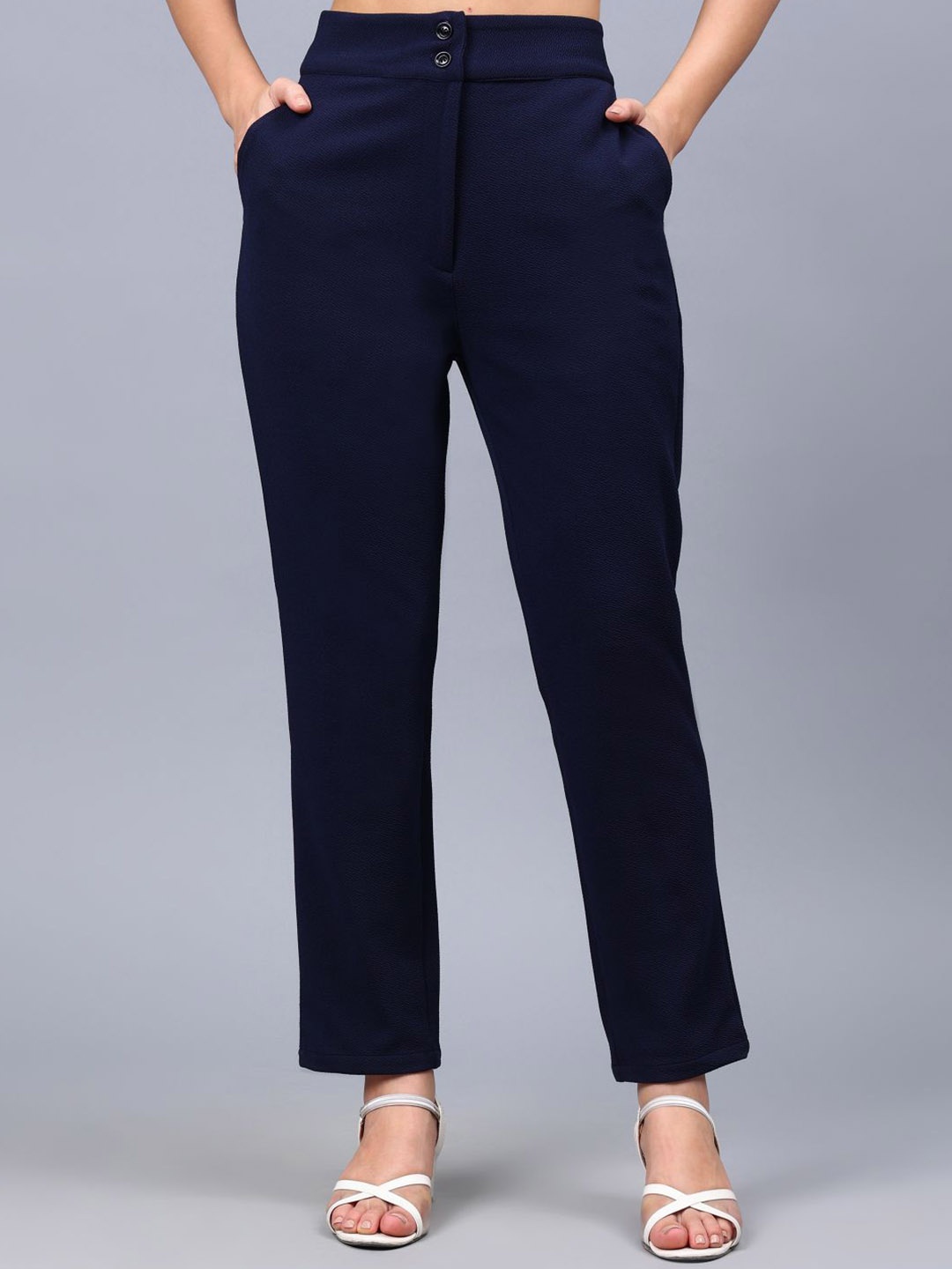 

ENTELLUS Women Smart Straight Fit High-Rise Flat-Front Trousers, Navy blue