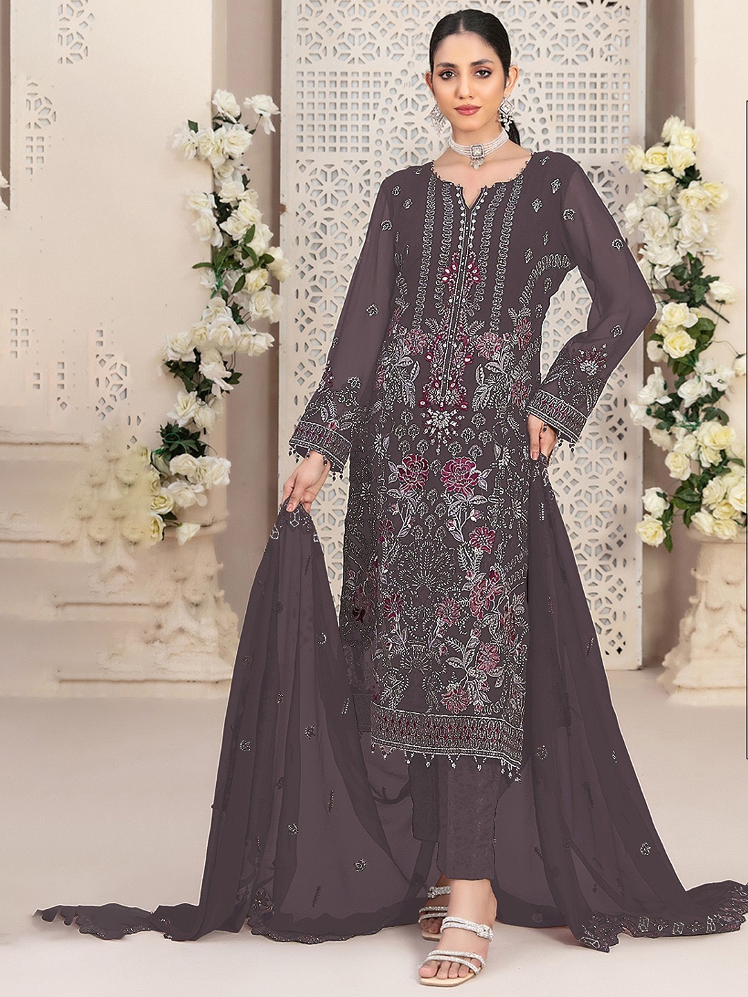 

KALINI Semi-Stitched Dress Material, Coffee brown