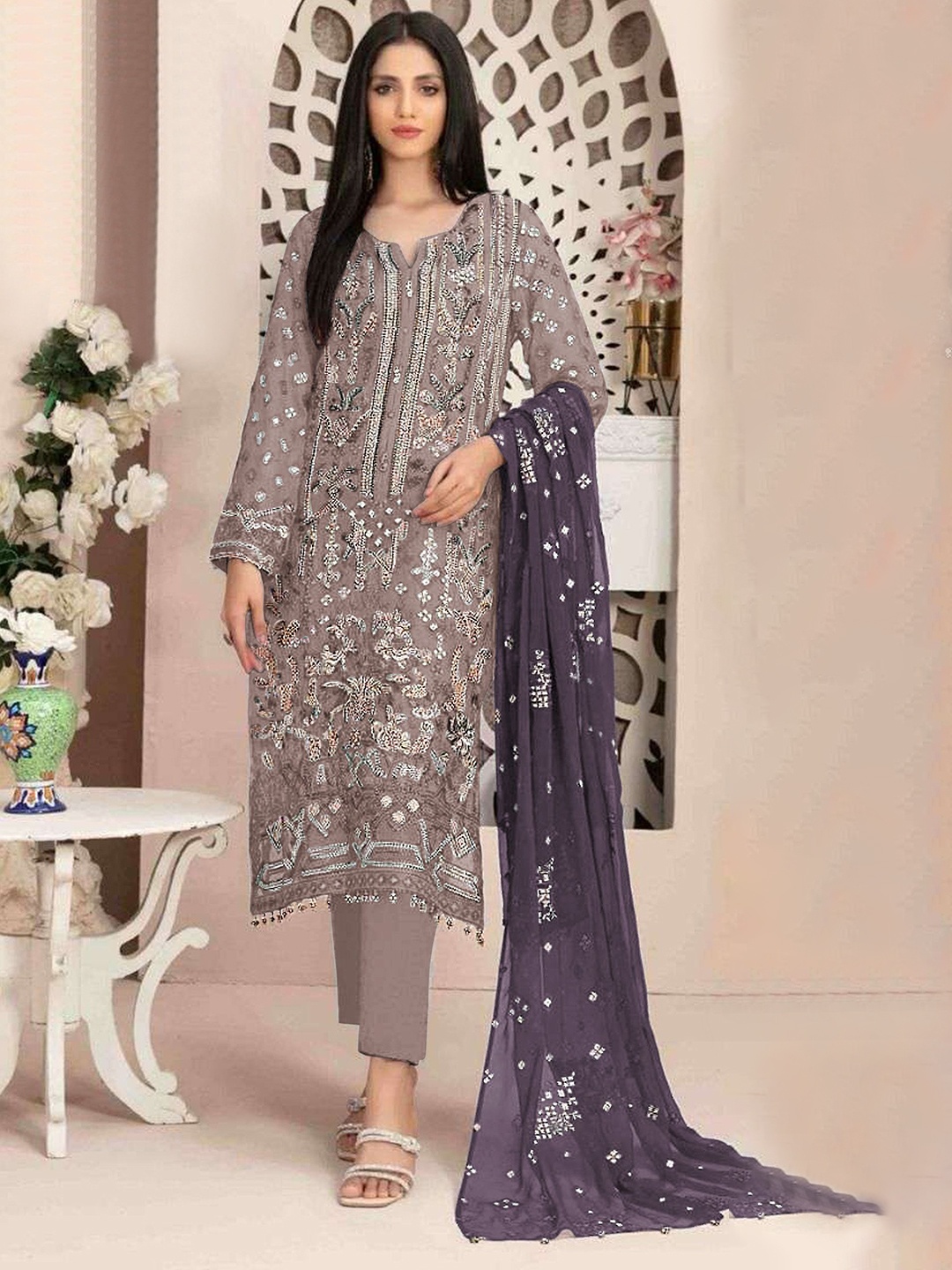 

KALINI Semi-Stitched Dress Material, Beige