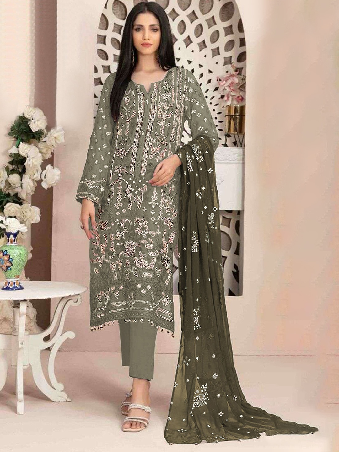 

KALINI Semi-Stitched Dress Material, Green
