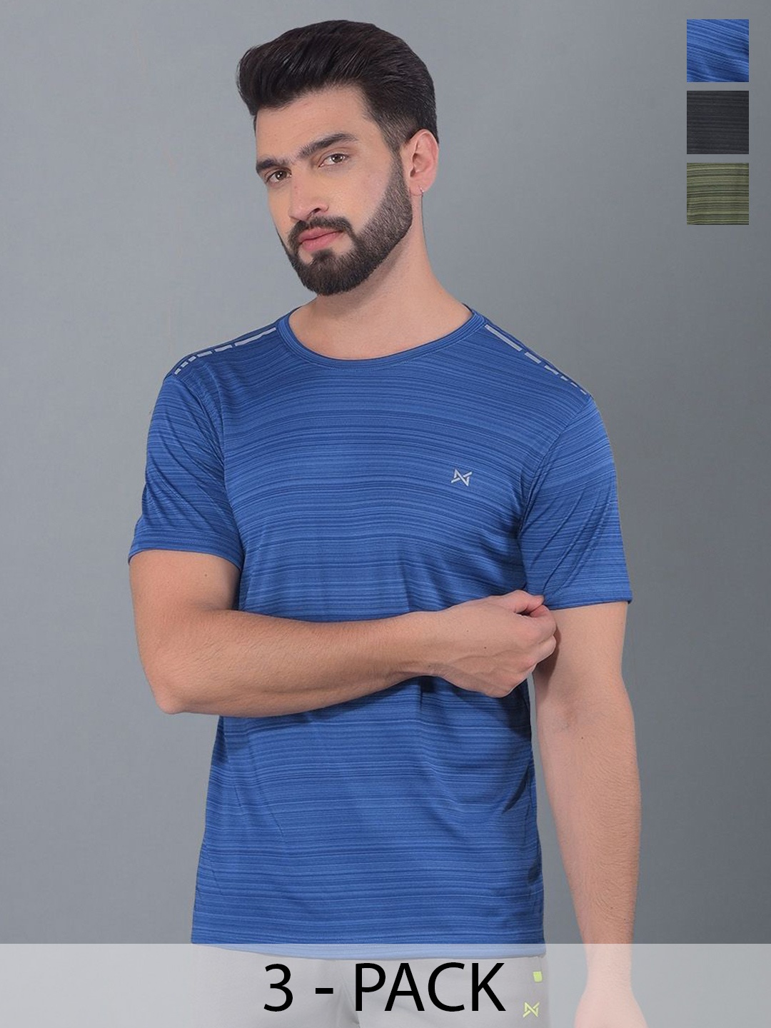 

Force NXT Men Pack Of 3 Anti Odour Solid Round Neck Training or Gym T-shirt, Blue