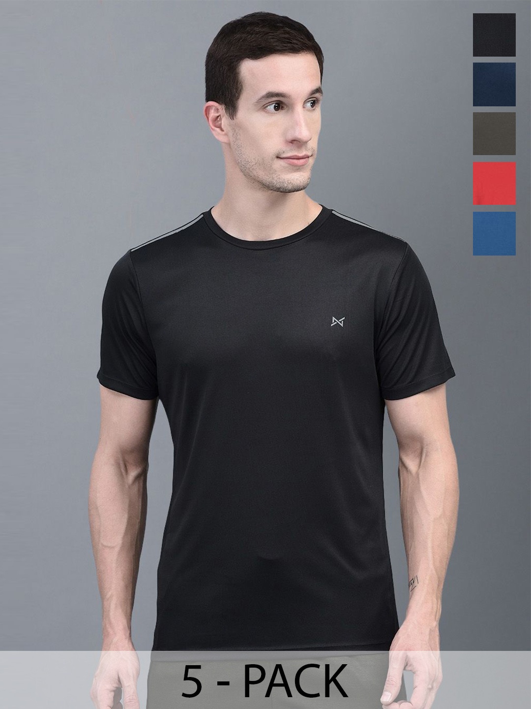 

Force NXT Men Pack Of 5 Anti Odour Solid Round Neck Training or Gym T-shirt, Black