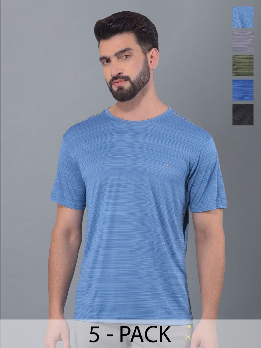 

Force NXT Men Pack Of 5 Anti Odour Solid Round Neck Training or Gym T-shirt, Blue