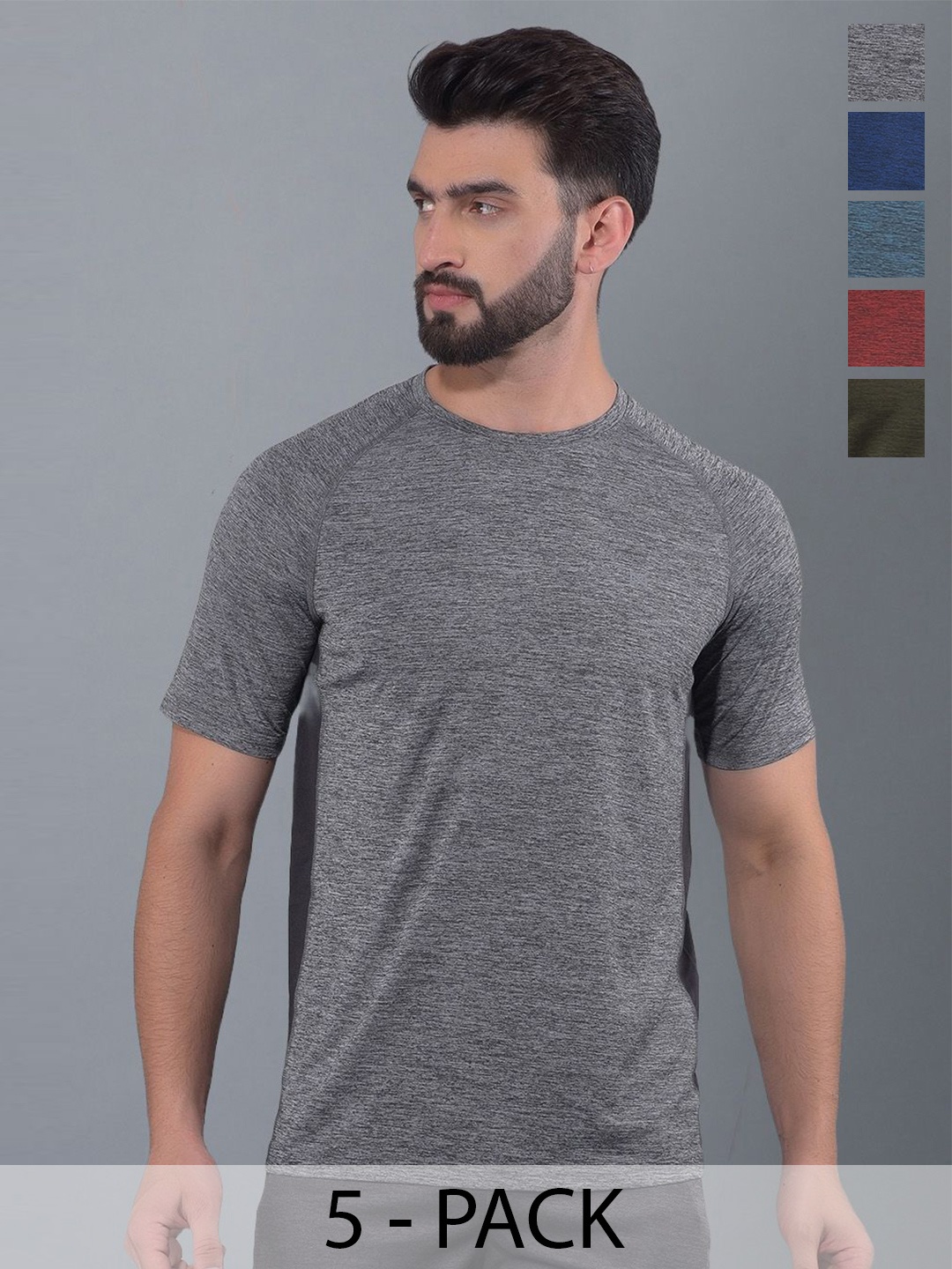 

Force NXT Men Pack Of 5 Anti Odour Solid Round Neck Training or Gym T-shirt, Grey