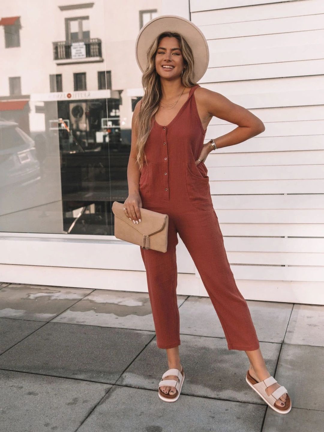 

4WRD by Dressberry Rust V-Neck Cotton Basic Jumpsuit
